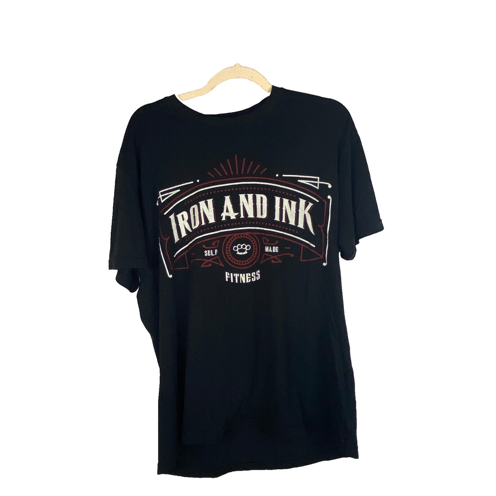 Iron and Ink Fitness T-Shirt Tee Sz L Graphic Black Vintage Look Tagless Thin*